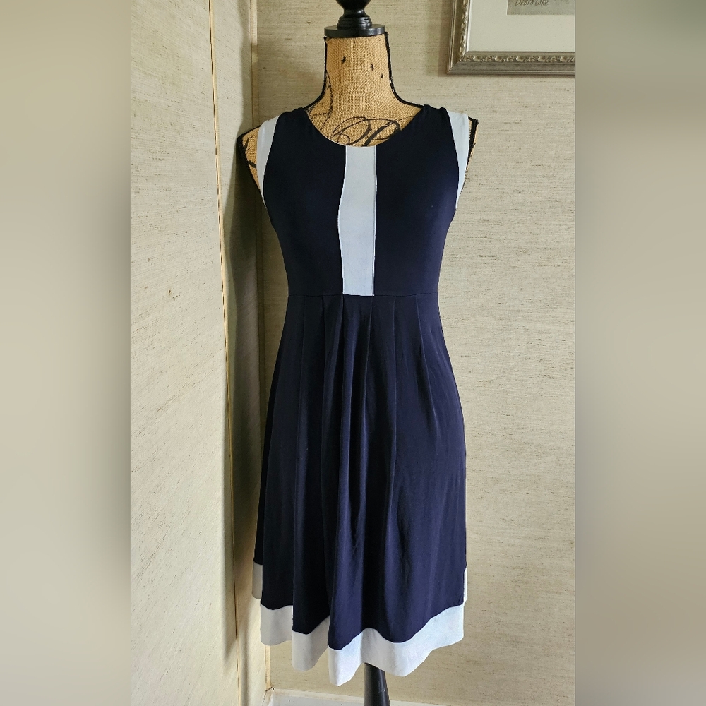 Nicol Caramel Elegant Navy and White Sleeveless Dress Maternity (S)